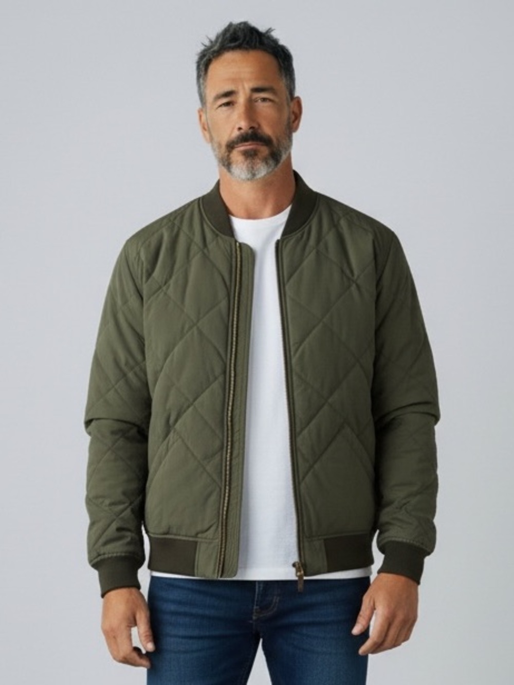 Eddie Bauer Skyliner 650 Down Olive Quilted Bomber Jacket Mens Size XL Full Zip